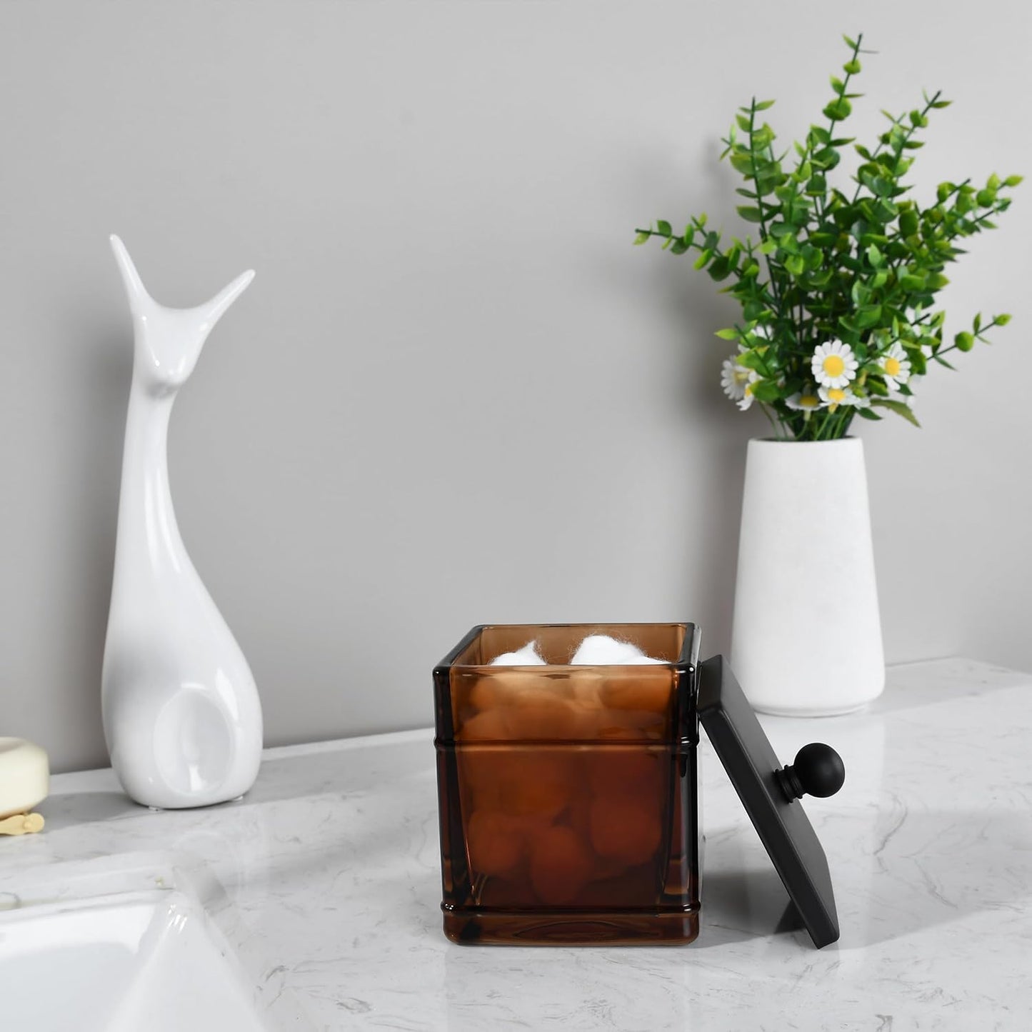 Amber Glass Cotton Jar Holder – Black Lid Elegant Bathroom Storage Canister for Qtips, Cotton Balls, Floss, Makeup Organizer, Vanity & Bathroom Organization