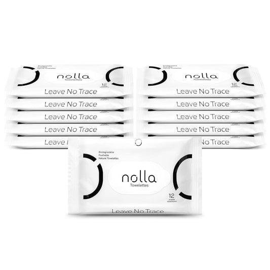 Nolla Flushable Wipes Travel Packs, 100% Plant-Based, Plastic-Free and Biodegradable - Unscented + Soothing Aloe and Vitamin E 120 Count (10 Packs of 12)