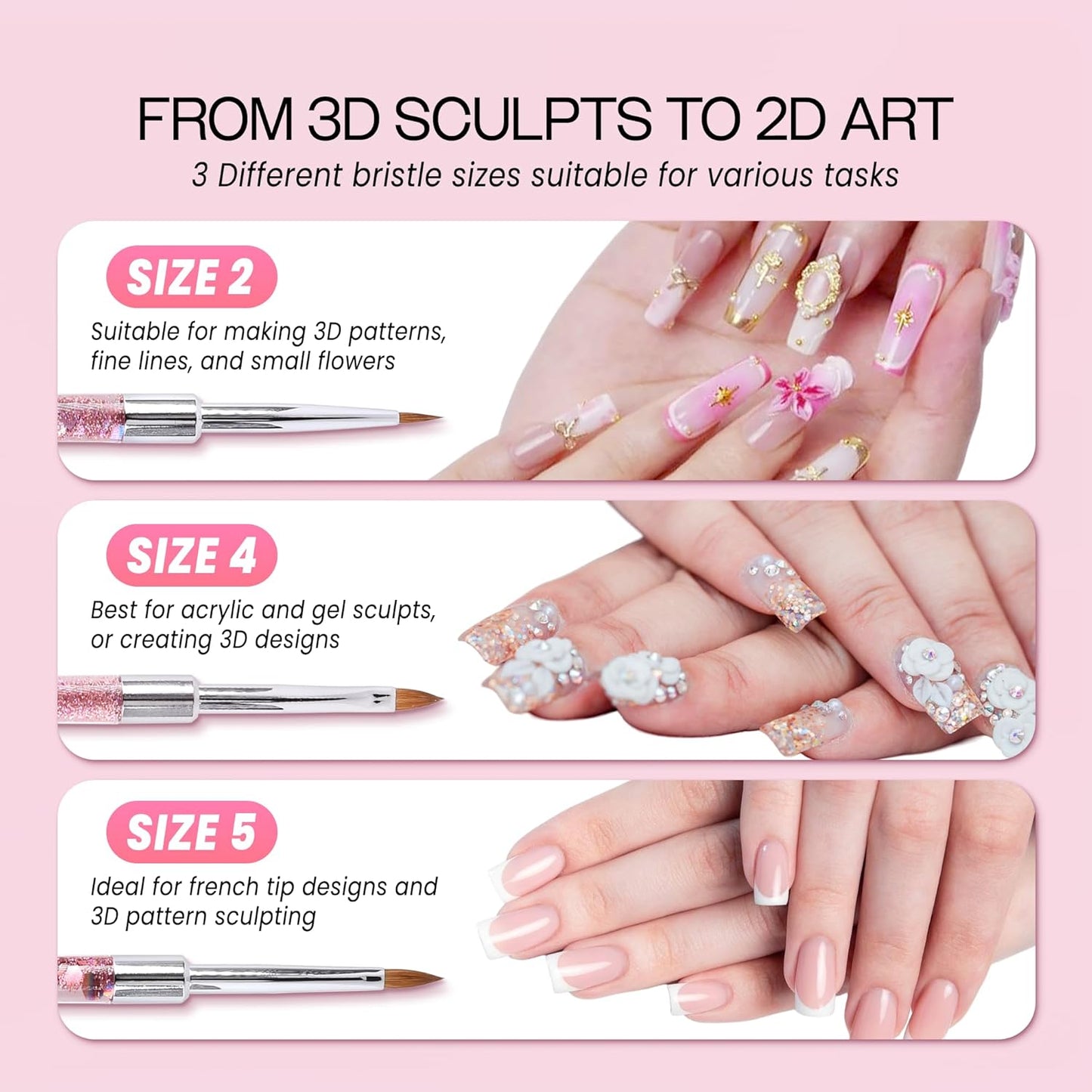 PANA 3D Kolinsky Nail Art Brush - Pink Glitter Handle, Size 5 - Acrylic Nail Art Sculpture Brush for Manicures Pedicure Salon Professional or Beginner