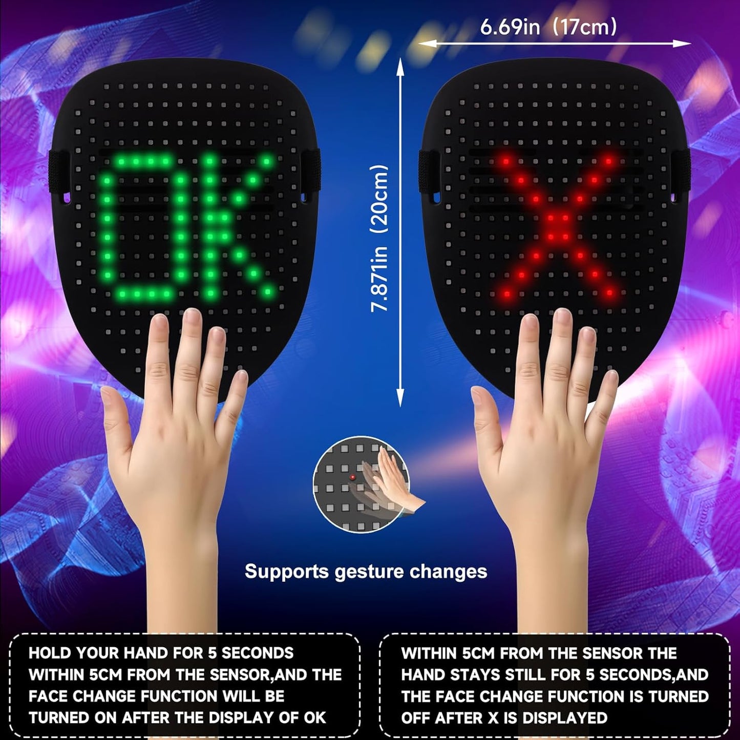 Led Mask with Gesture Sensing, Light Up Face Mask, Led Halloween Mask,Digital Mask for Costume Cosplay Party Masquerade