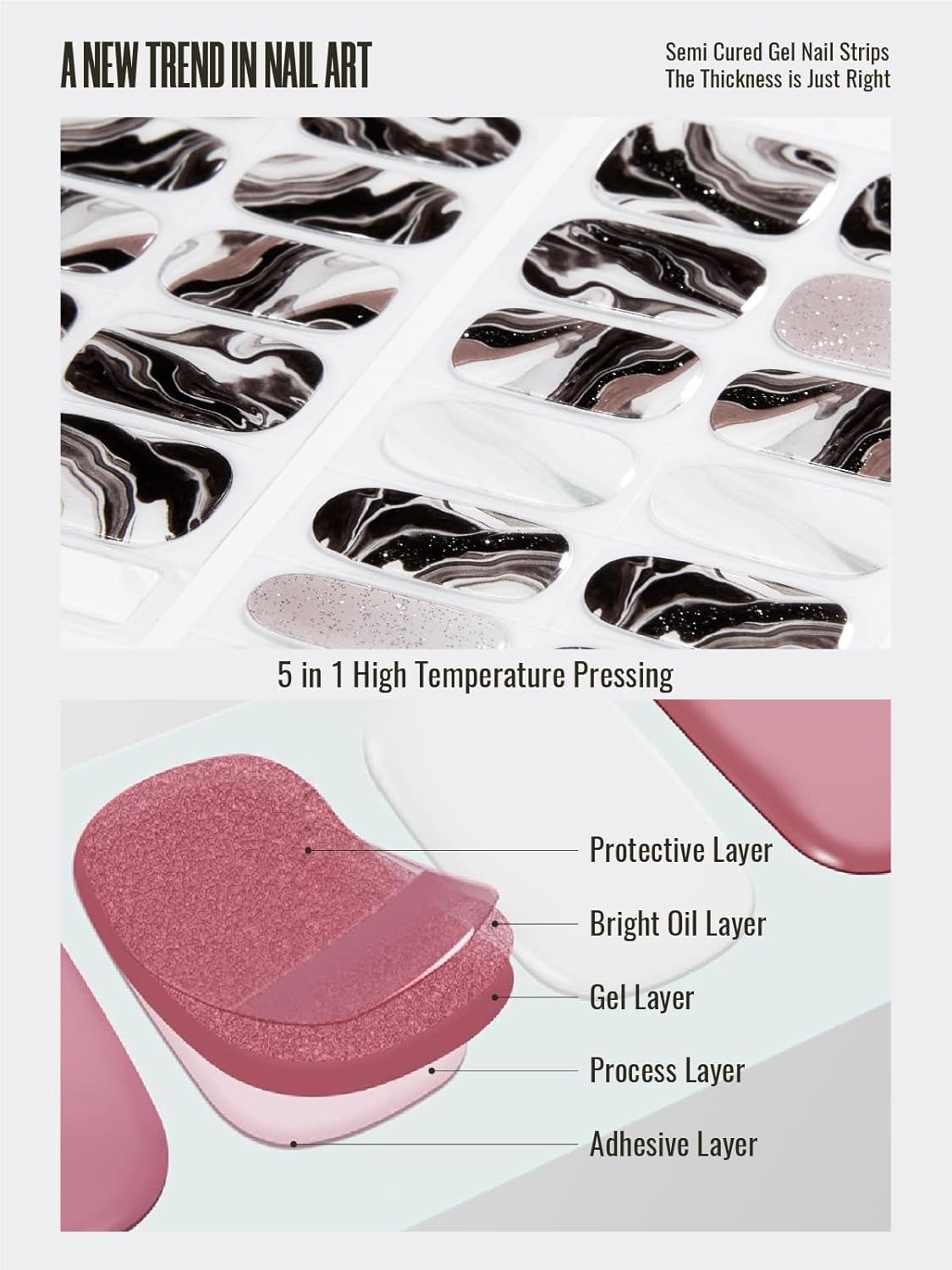 Semi Cured Gel Nail Strips, 30pcs Gel Nail Wraps, Easy to Apply, 2 Weeks Long Lasting (Secret Marble)