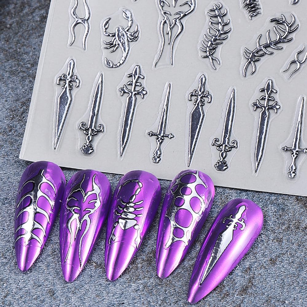4 Sheets Goth Nail Stickers for Nail Art 3D Punk Style Black Belt Nail Art Stickers Gold Silver Flame Lines Nail Decals Self-Adhesive Centipede Thorn Vine Curves, Swords, Scorpion Patterns for Women