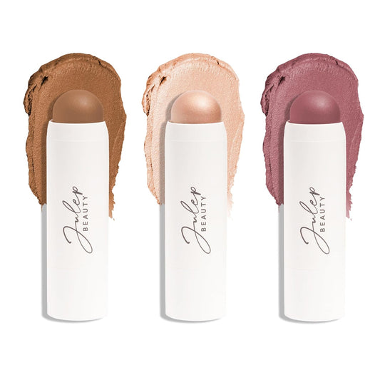 Julep Skip the Brush 3-in-1 Color Stick for Eyes, Cheeks, and Lip Trio Muted Mauve, Neutral Bronze, Sheer Glow