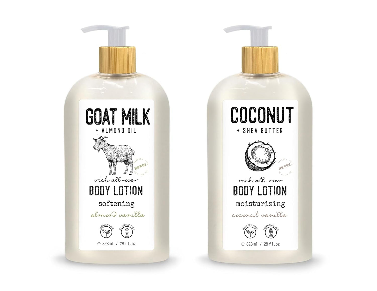 Skin Verse Body Lotion, Goat Milk, Almond Oil Body Lotion, Softening, Almond Vanilla, Coconut, Shea Butter Body Lotion, Moisturizing, Coconut Vanilla, 28 fl. oz. | Home and Body Co