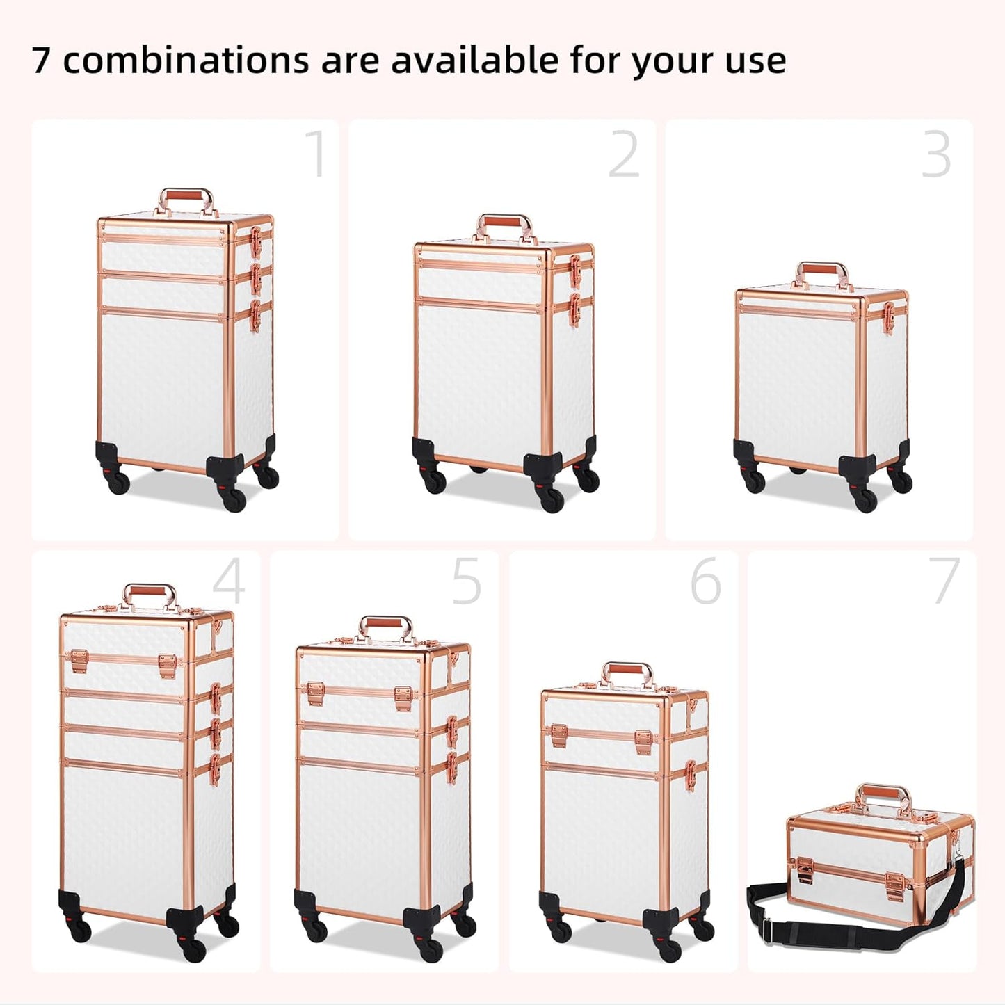 Rolling Makeup Case, Makeup Train Case with Lid, 5 in 1 Cosmetology Case on Wheels, Christmas Gift, Large Makeup Organizers, Profesional Cosmetic Case for Salon Barber, White Gold