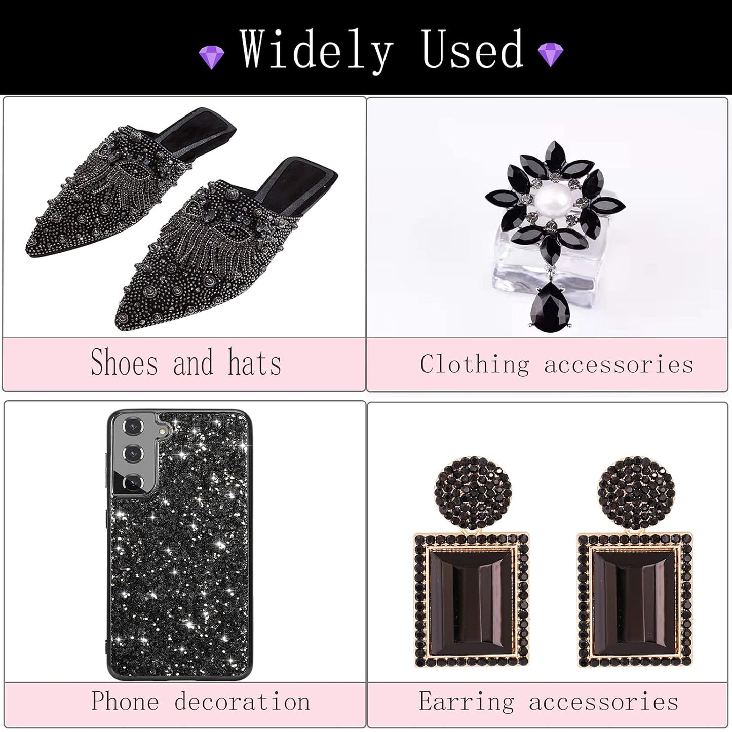 3100Pcs Flat Back Rhinestones for Nails, HOINCO Black Rhinestones for Nails, Mix 20 Styles Flatback Rhinestone/Gems, 600 Diamonds + 2500 Round Rhinestones Beads for Nail Crafts with Tweezers Pen