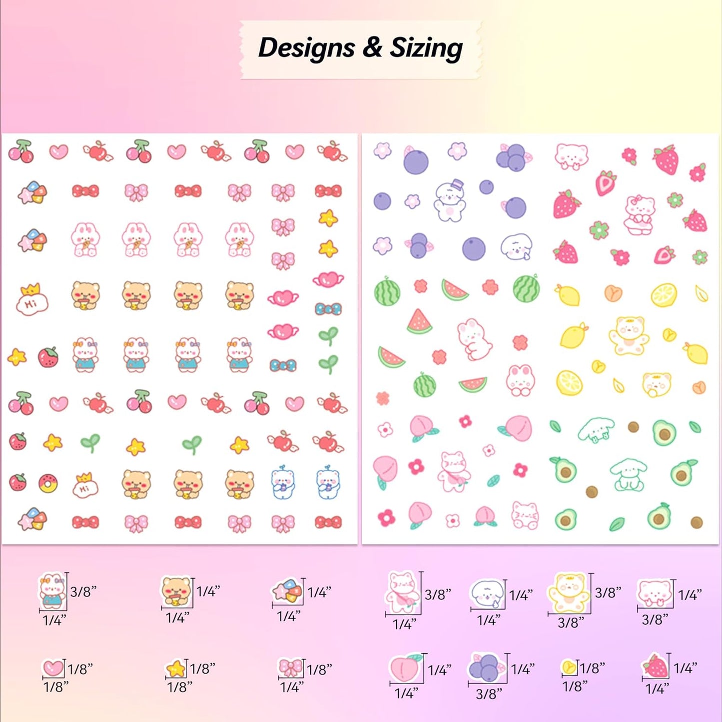 4 Sheets of 3D Nail Stickers - 289 Cute Nail Decals - Embossed Nail Stickers for Kids | Kawaii Theme - Butterfly, Flowers, Stars, Fruits, Bunny, Bears | Glow in The Dark