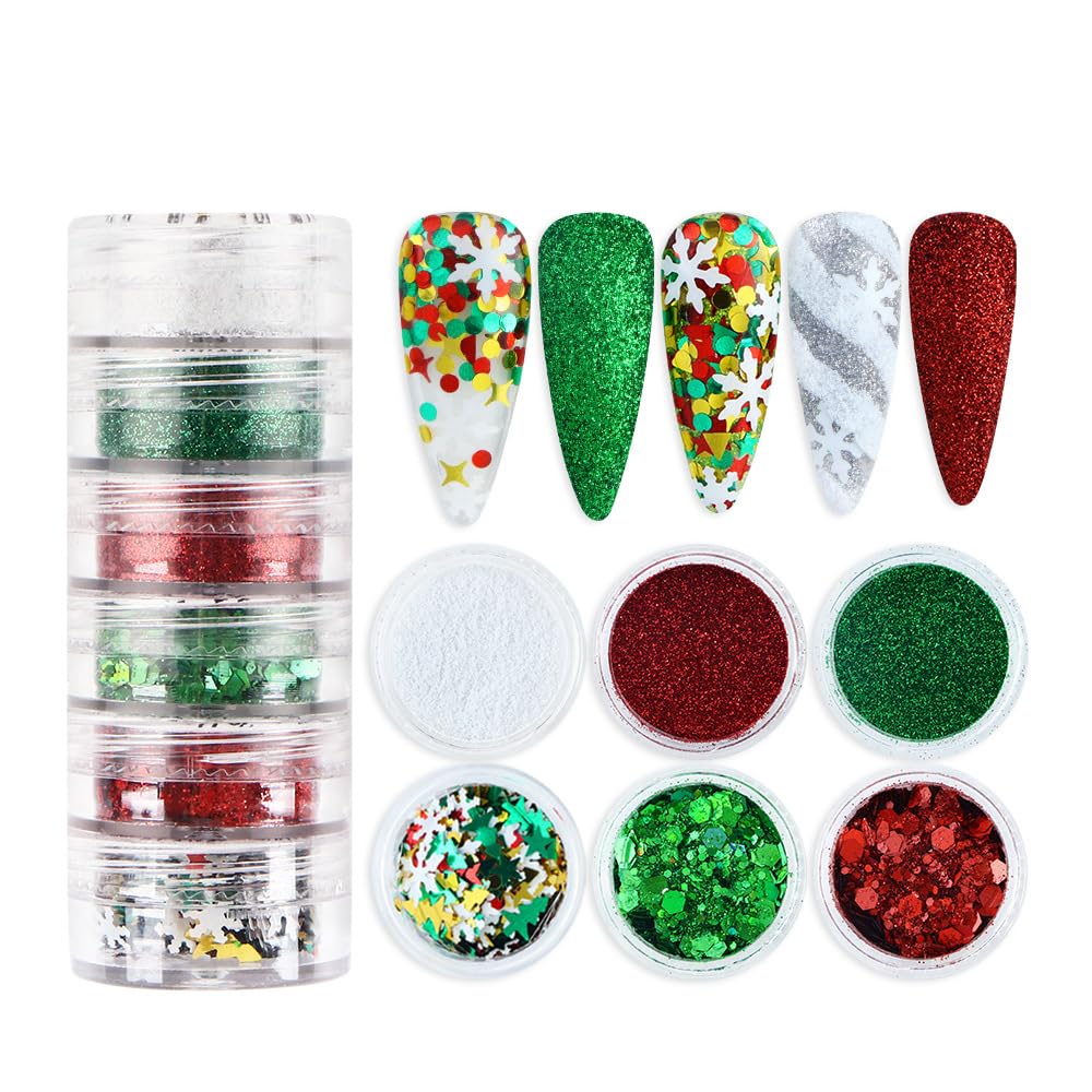 Christmas Nail Art Glitters Powder Snowflake Sequins Winter Nail Art Decorations 3D Holographic Green Red White Flakes Nail Decals Manicure Winter Xmas Glitters for Face Hair Nails Design 6Grids