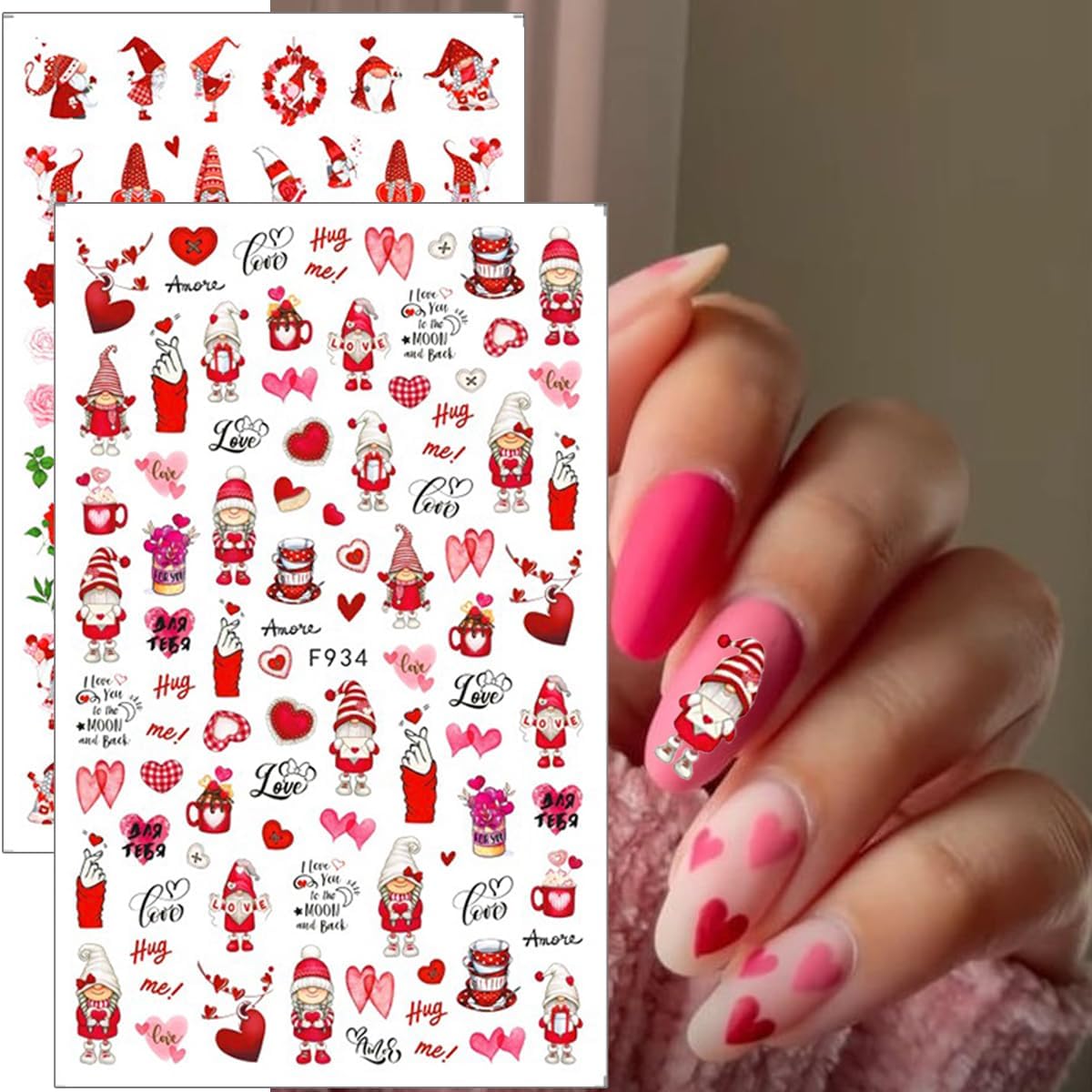 10 Sheets Valentine's Day Nail Art Stickers 3D Self-Adhesive Heart Nail Decals Red Pink Rose Lips Gnome Design Nail Sticker Cute Cartoon Valentines Nail Art Supplies for Women Manicure Decoration DIY