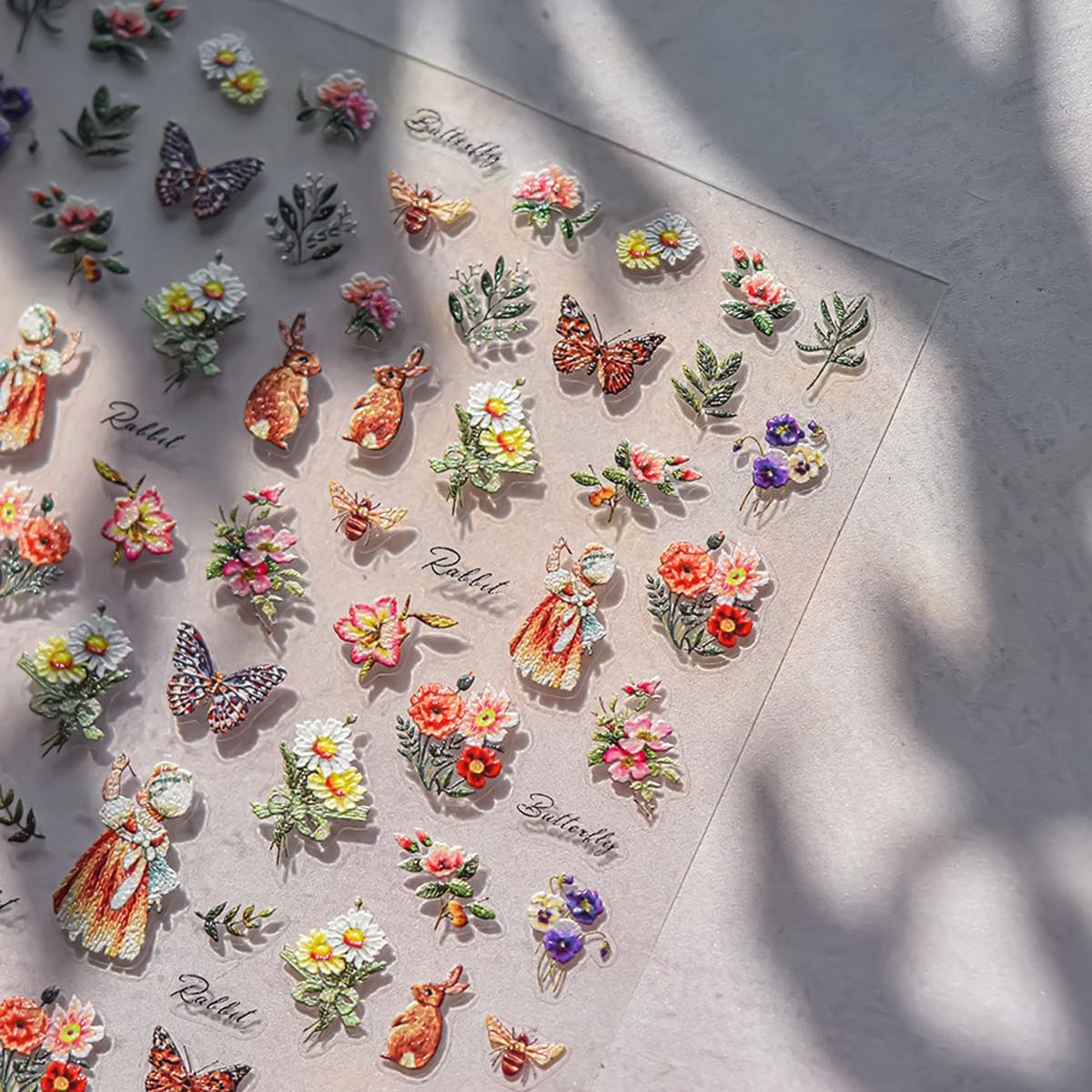 5D Embossed Flower Nail Stickers Decals Pastoral Style Nail Art Cute Bee Rabbit Butterfly Stickers for Nails Designs Self Adhesive Nail Art Supplies & Decorations for Women Girls 1 Sheet