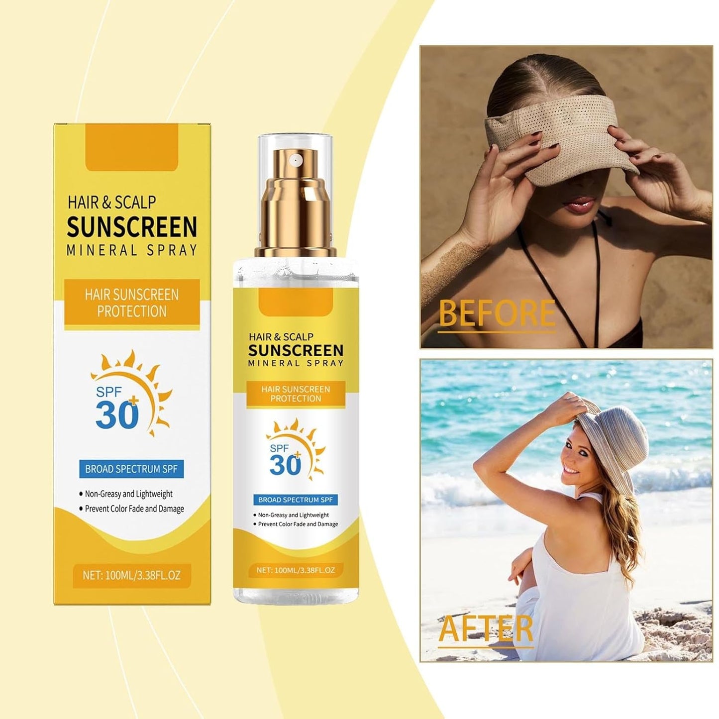 Hair and Scalp Sunscreen Spray SPF 30 - UV Protection for Scalp & Hair, Prevents Color Fade & Dryness, Non-Greasy & Lightweight Formula for Hiking/Beach/Outdoors (1)