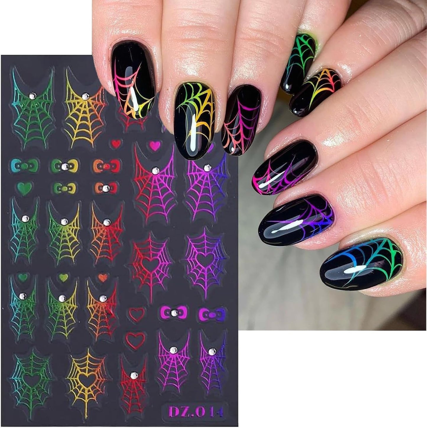 4PCS Halloween Nail Art Stickers Decals Colorful Spider Web Spider Nail Decals with Rhinestone Spider Web Spider Bow Heart Nail Art Design Cute Halloween Nail Supplies for Women Manicure Decorations