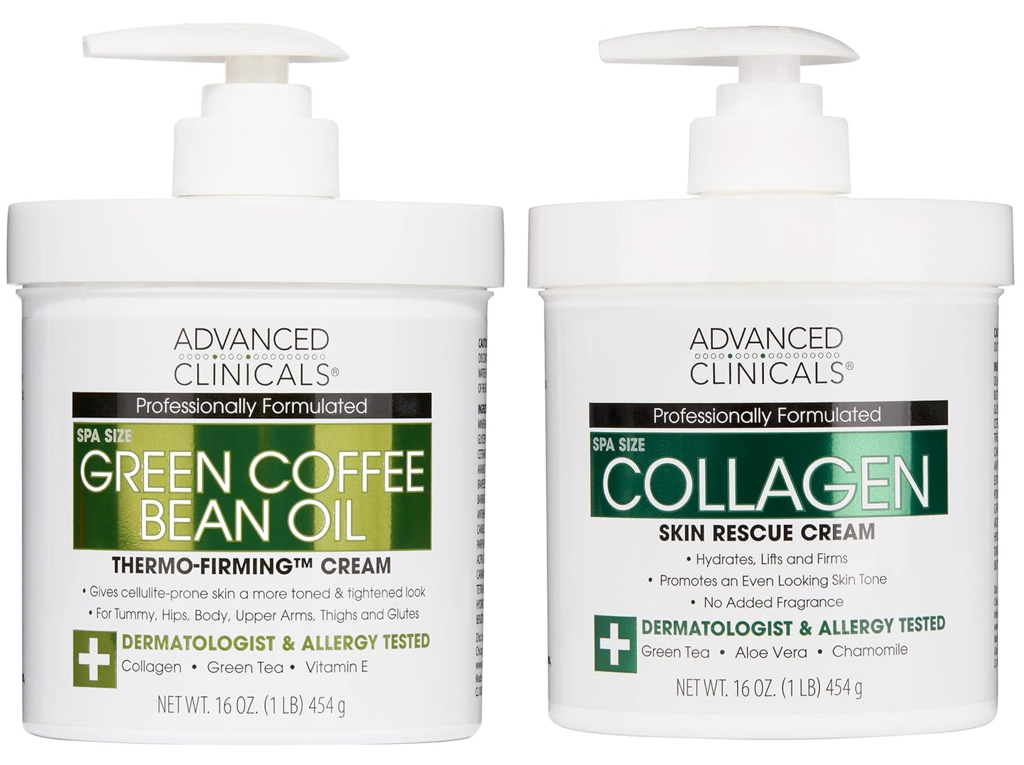 Advanced Clinicals Unscented Collagen Body Cream & Face Moisturizer + Green Coffee Bean Oil Thermo - Firming Body Cream For Women & Men Helps Reduce Appearance Of Cellulite Prone Skin & Dry Skin, 2pc