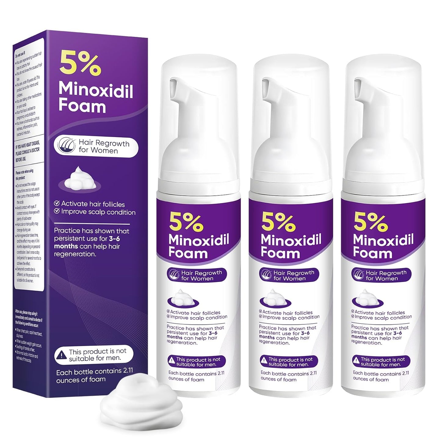 5% Minoxidil Foam for Women Hair Growth Foam Suitable for Hair Thinning Receding Hairline and Hair Loss to Hair Regrowth Get Thicker Fuller Hair 3 Bottles 2.11 Ounces Each