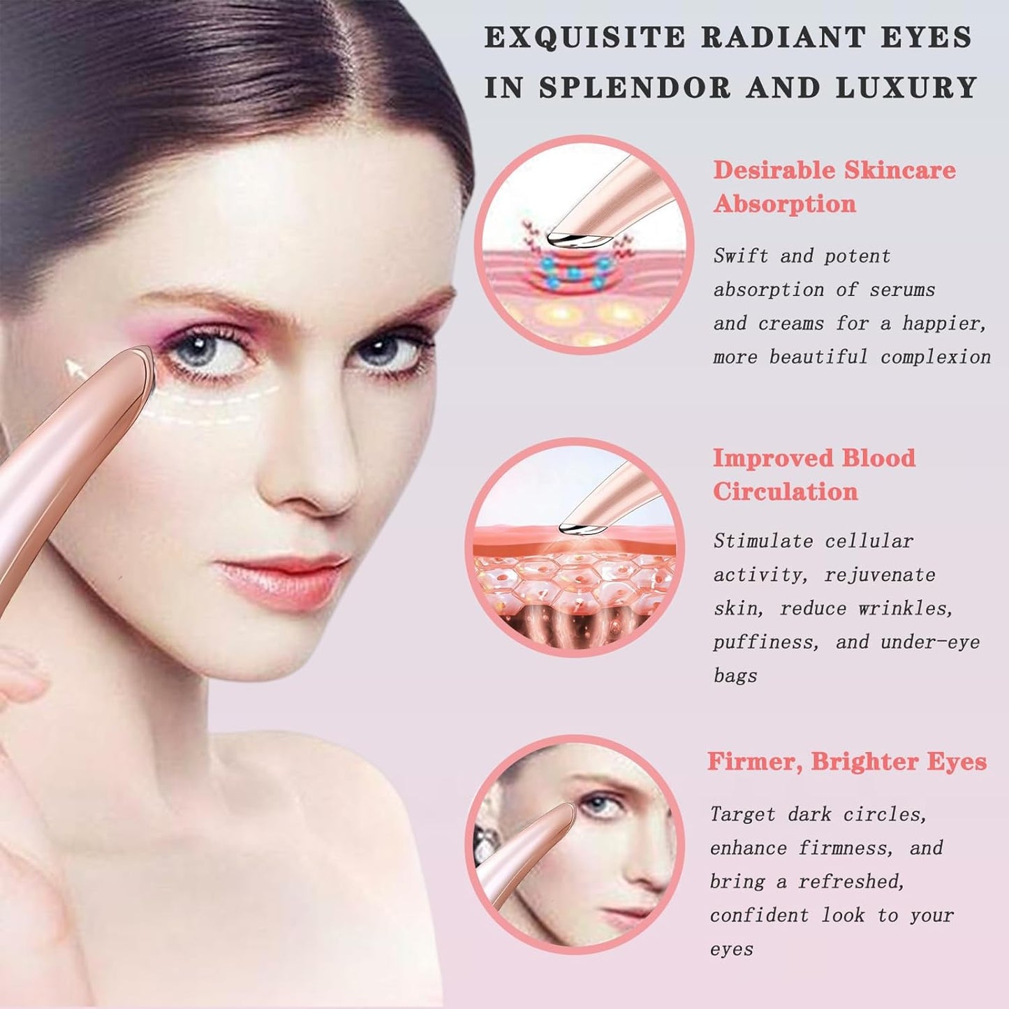 Eye Lift Wand, 3 in 1 Vibrating 98°F to 113°F LCD Eye Massager for Dry Eyes, Dark Circles and Puffiness, Face & Neck Lifting Tool for Fine Lines and Wrinkles, Rose Gold