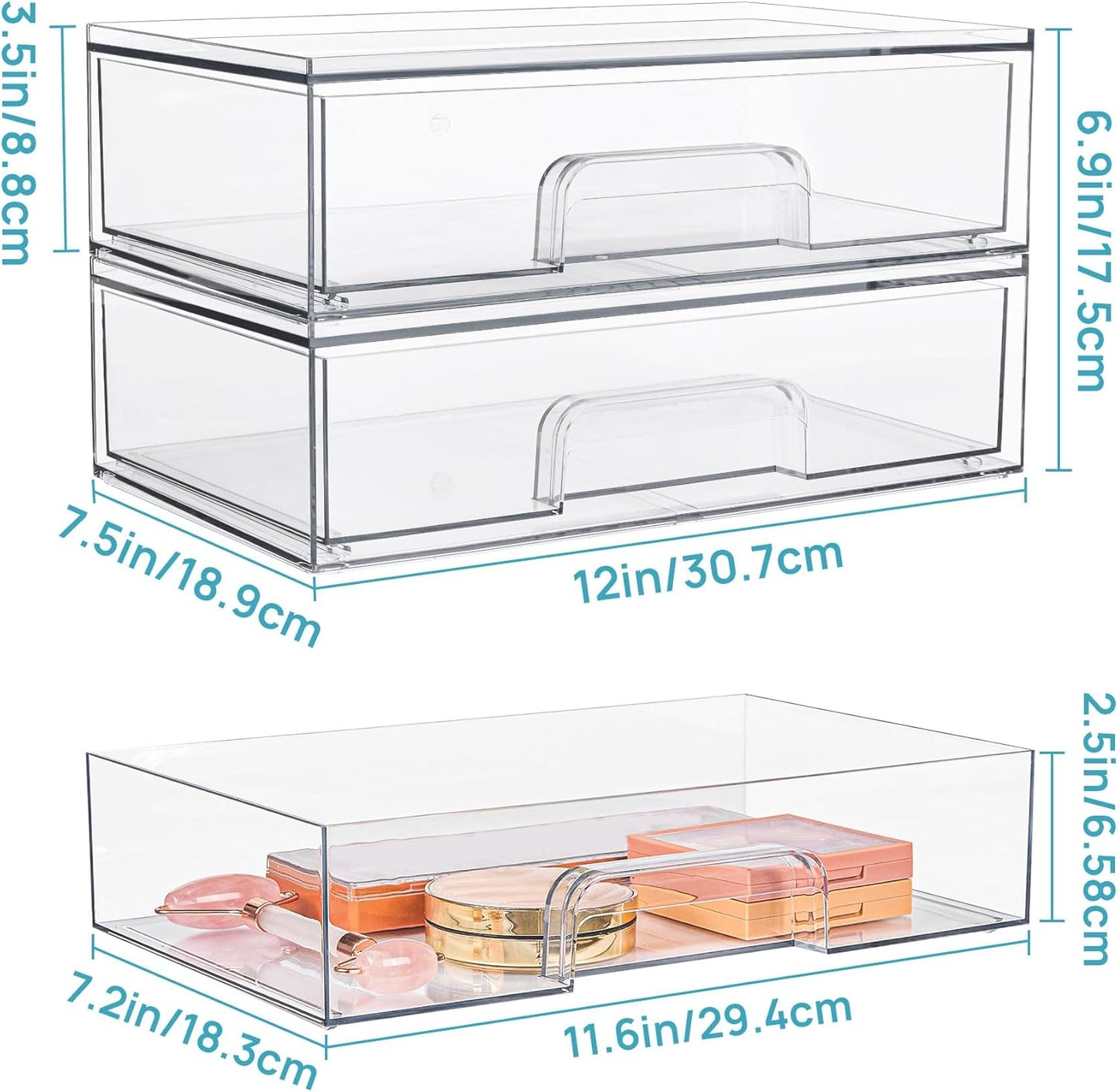 Vtopmart 12.1''W Clear Stackable Storage Drawers,8 Pack Acrylic Plastic Organizers Bins for Makeup Palettes, Cosmetics and Beauty Supplies,Ideal for Vanity, Bathroom,Cabinet,Desk Organization