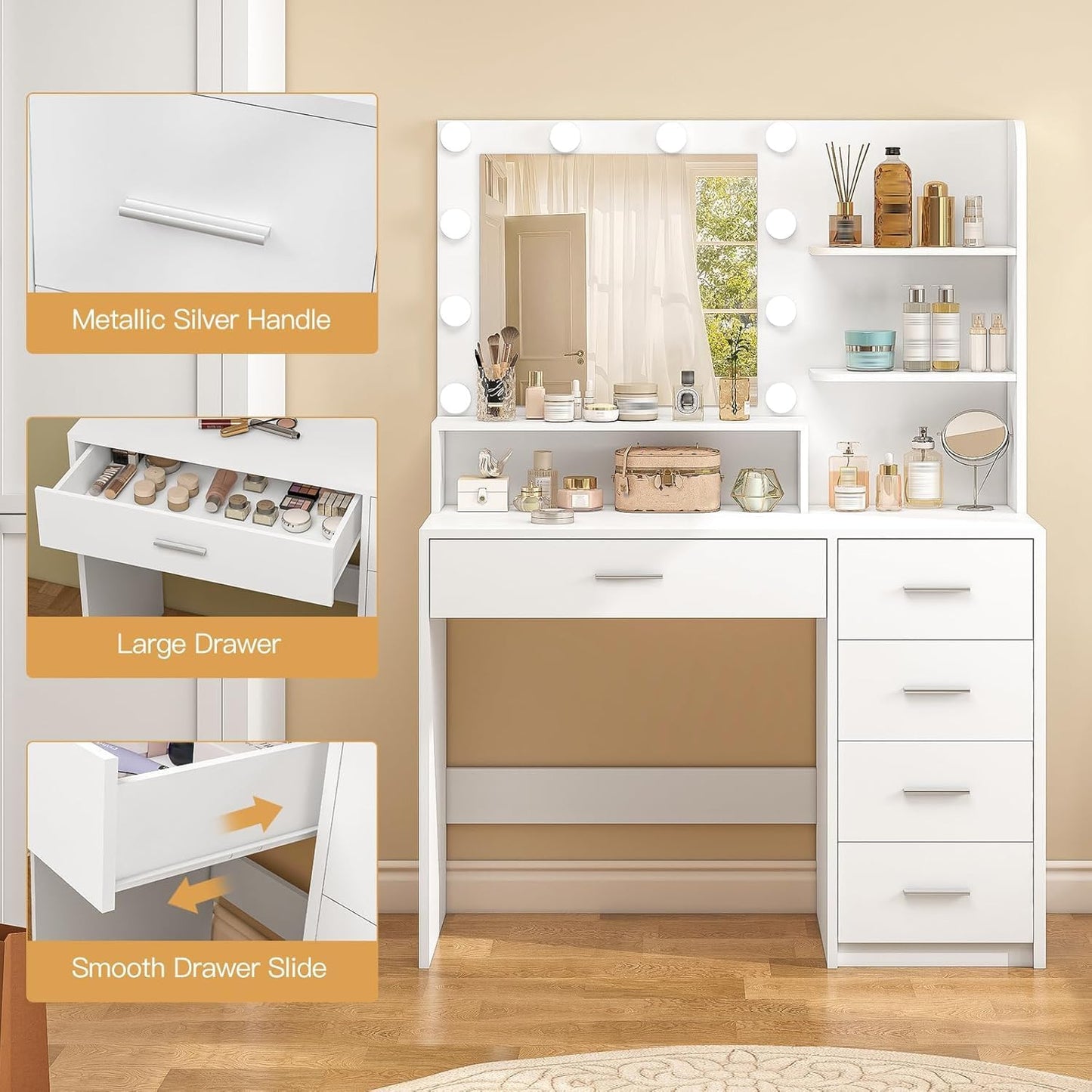 Quimoo Makeup Vanity Desk with Mirror & Lights, Vanity Desk with 5 Drawers & Storage Shelves, Vanity Table, 3 Color Modes & Adjustable Brightness Dressing Table, Bedroom, White