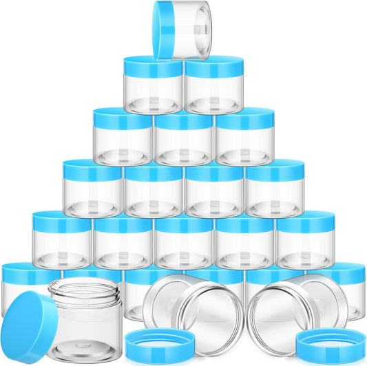 SATINIOR 24 Pieces Empty Clear Plastic Jars with Lids Round Storage Containers Wide Mouth for Beauty Product Cosmetic Cream Lotion Liquid Butter Craft and Food(Blue Lid,6 oz)