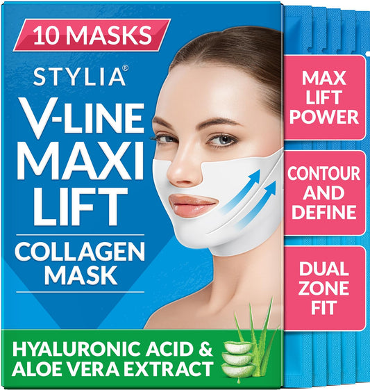 Stylia MaxiLift V-Line Lifting Collagen Face Mask – Enhanced Double Chin Reducer – Jawline Shaper Face Lifting Masks – Firming Neck Lift Collagen Mask – Chin Strap for Sleeping – Hyaluronic Aloe 10PC