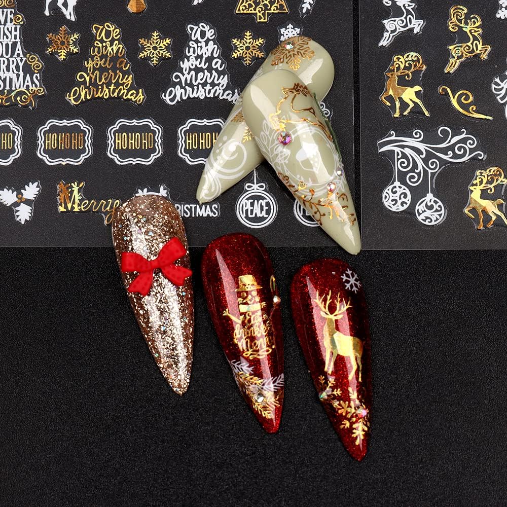 9 Sheets Christmas Nail Art Stickers Decals Self-Adhesive Pegatinas Uñas Gold White Nail Supplies Nail Art Design Decoration Accessories