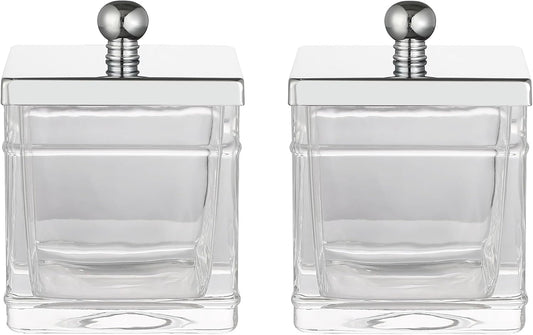 Glass Cotton Jar Holder 2 Pack– Silver/Chrome Lid, Elegant Bathroom Storage Canister for Qtips, Cotton Balls, Floss, Makeup Organizer, Vanity & Bathroom Organization