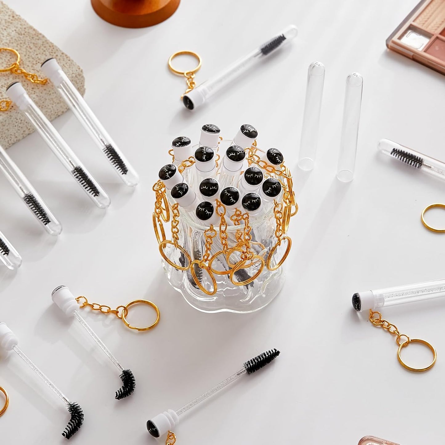 Upgrade 48 Pieces Disposable Mascara Wands Set,Include 24 Pcs Crystal Lash Spoolies Brush and 24 Pcs Reusable Keychain Empty Eyelash Brush Tubes (Black)