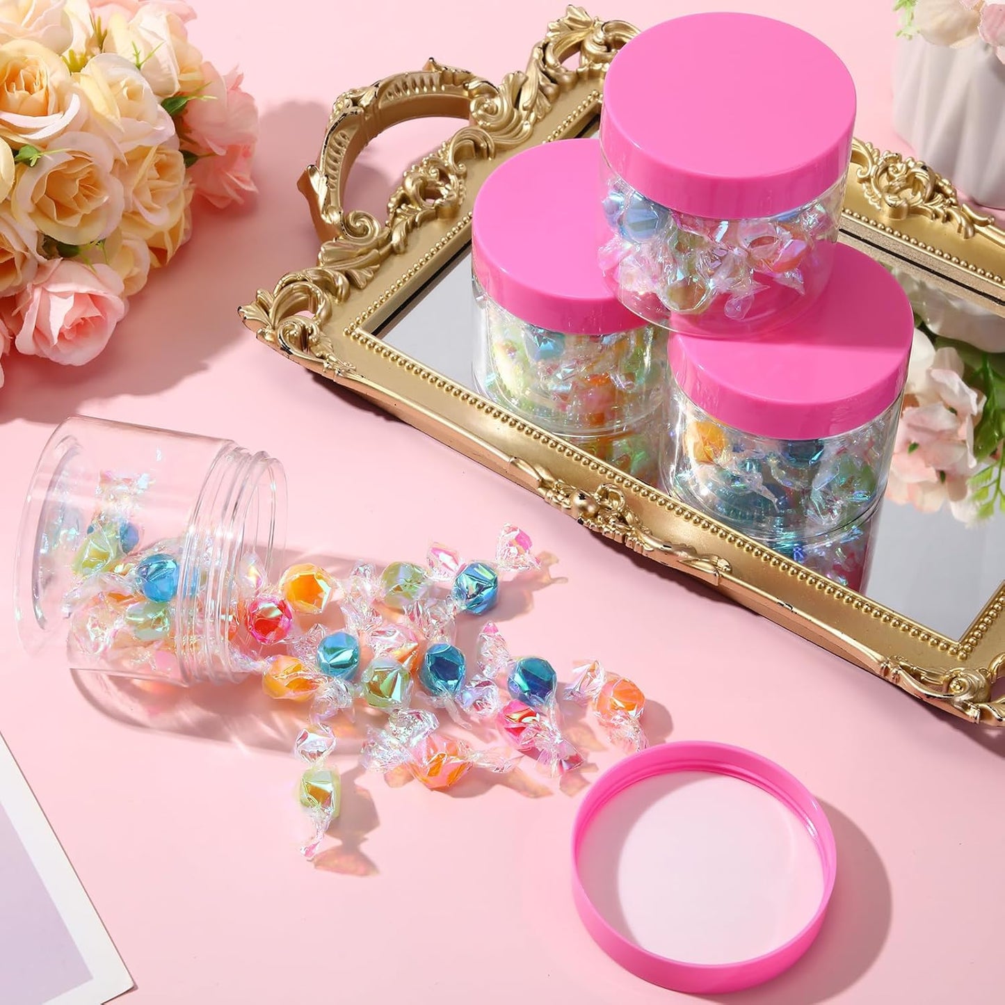 SATINIOR 24 Pieces Empty Clear Plastic Jars with Lids Round Storage Containers Wide Mouth for Beauty Product Cosmetic Cream Lotion Liquid Butter Craft and Food(Pink Lid,4 oz)