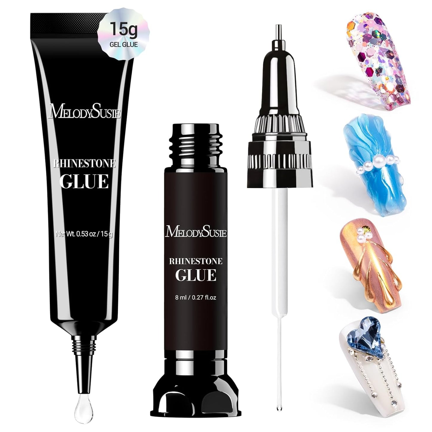 MelodySusie Nail Rhinestone Glue Set, 3D Gel Nail Art Design Strong Adhesive Nail Gem Glue for Nail Charms Gems Jewelry Decoration DIY Manicured at Home Cured Need Beauty Gifts for Women