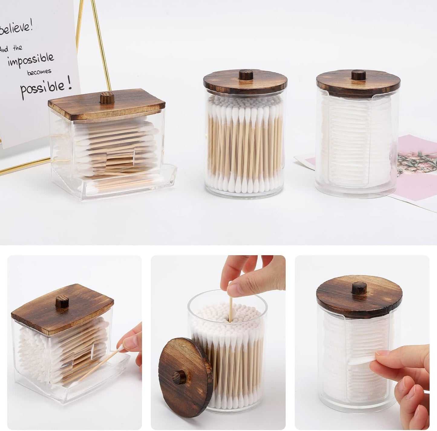 Tbestmax Bathroom Organizer Accessories Set-10 OZ,7 OZ Qtips Holder Storage with Wood Lids, Cotton Ball/Swabs Dispenser, Apothecary Container Jar 3 Pcs