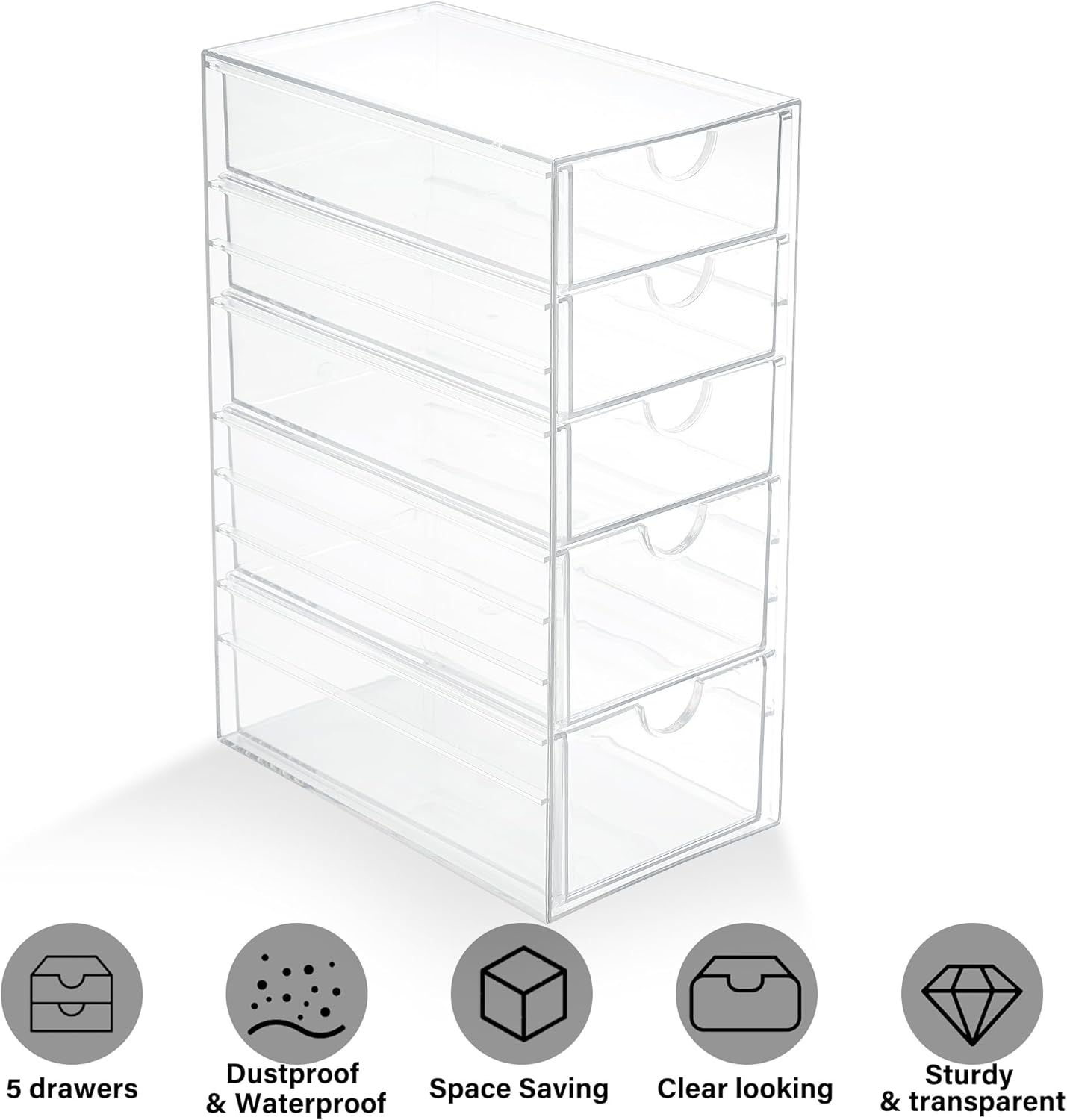 Prsildan Acrylic Drawer Makeup Organizer with 5 Drawers, Hair Accessories Organizer, Office Desk Organization, Clear Stackable Storage Drawers for Vanity, Countertop, Craft, Jewelry