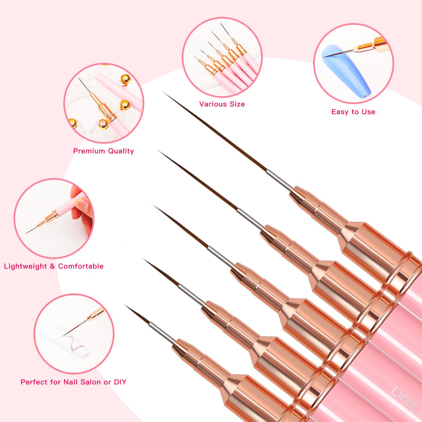 Metallic Nail Art Brushes, 5Pcs Liner Brush Set, UV Gel Polish Painting Art Design Pen for Long Lines, Thin Details, Fine Drawing Sizes 4/8/12/20/25mm(Pink)