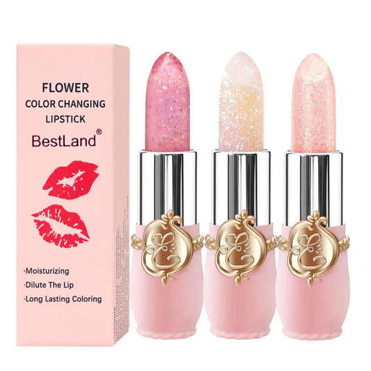 3 Pcs/Set Flower Jelly Lipstick Set Temperature Change Moisturizer Long Lasting Nutritious Glossy Shine Lip Balm Magic Gold Crystal PH Color Change Lip Gloss for Women