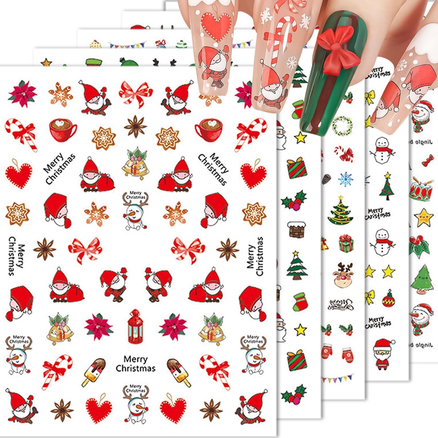 HNUIX Nail Stickers - 3D Christmas, Self Adhesive Nail Decals, Multi Colour, Snowman, Deer, Bells, 10 Sheets, for Nail Art