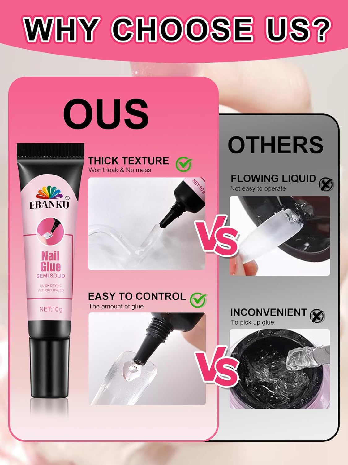 3PCS Quick Drying Solid Nail Glue for Press ons, EBANKU 30g Super Strong Glue Semi Solid Nail Gel Long Lasting Gel (No UV Lamp Needed)