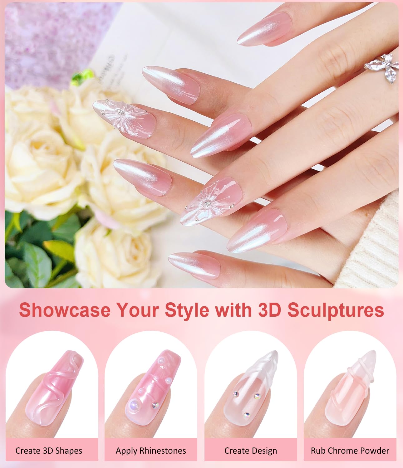 Pearl Chrome Nail Powder BISHENGYF -【Mirror Shinny Effect】 Magic Mirror Silver Chrome Nail Powder Aurora Mermaid Iridescent White Pearl Clear Nail Chrome Powder Pigment Glitter Dust for Manicure DIY