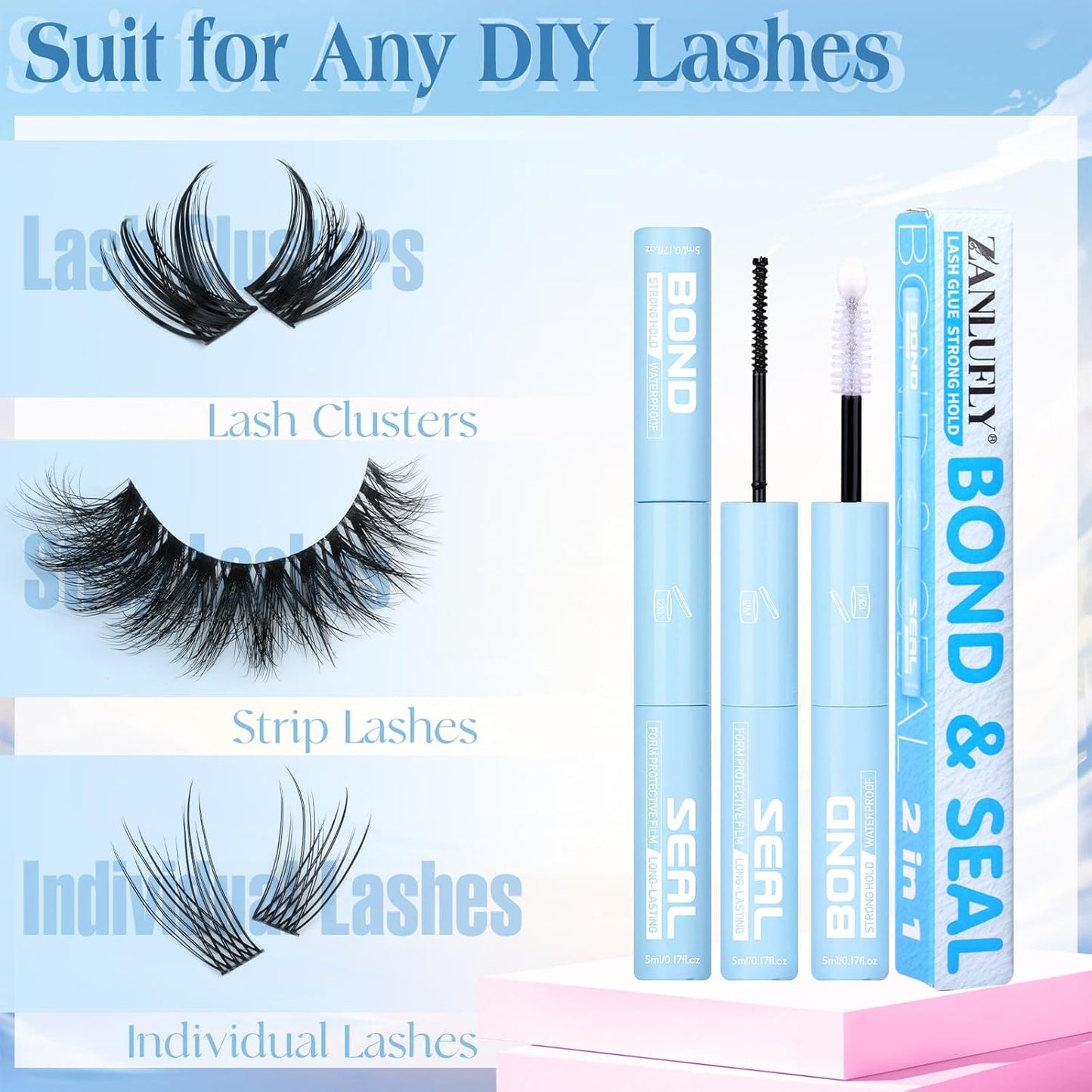Lash Glue 2 in 1 Lashes Bond and Seal Waterproof Eyelash Glues Strong Hold Eyelash Adhesives Long Lasting Lash Cluster Glue for Eyelashes Extensions DIY at Home by ZANLUFLY