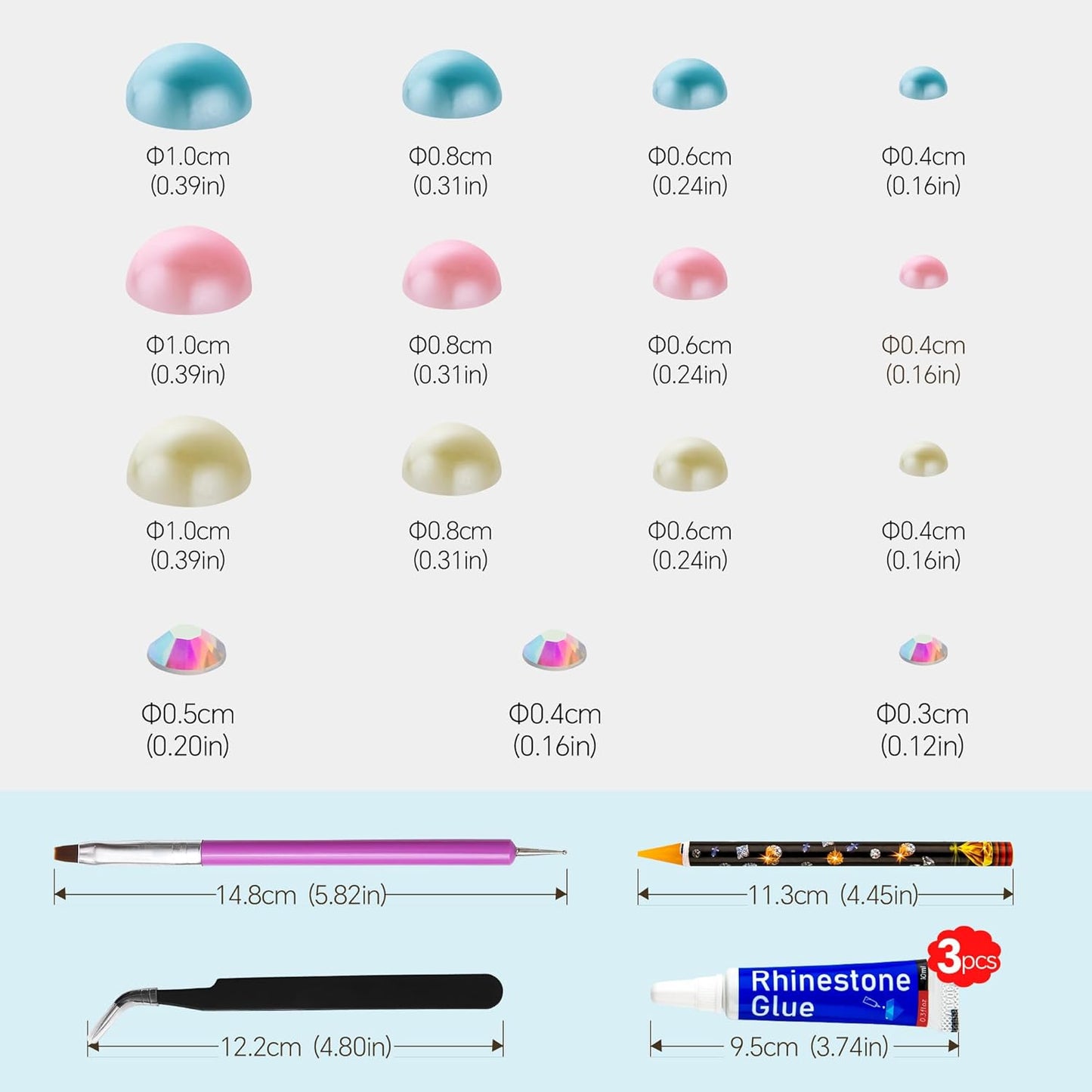 60g Cyan Citrine Pearl Rhinestones for Crafts Mixed Size 3mm-10mm AB Color Round Half Pearls Flatback Pearl Beads and Resin Rhinestones Set for Face Art with Gel