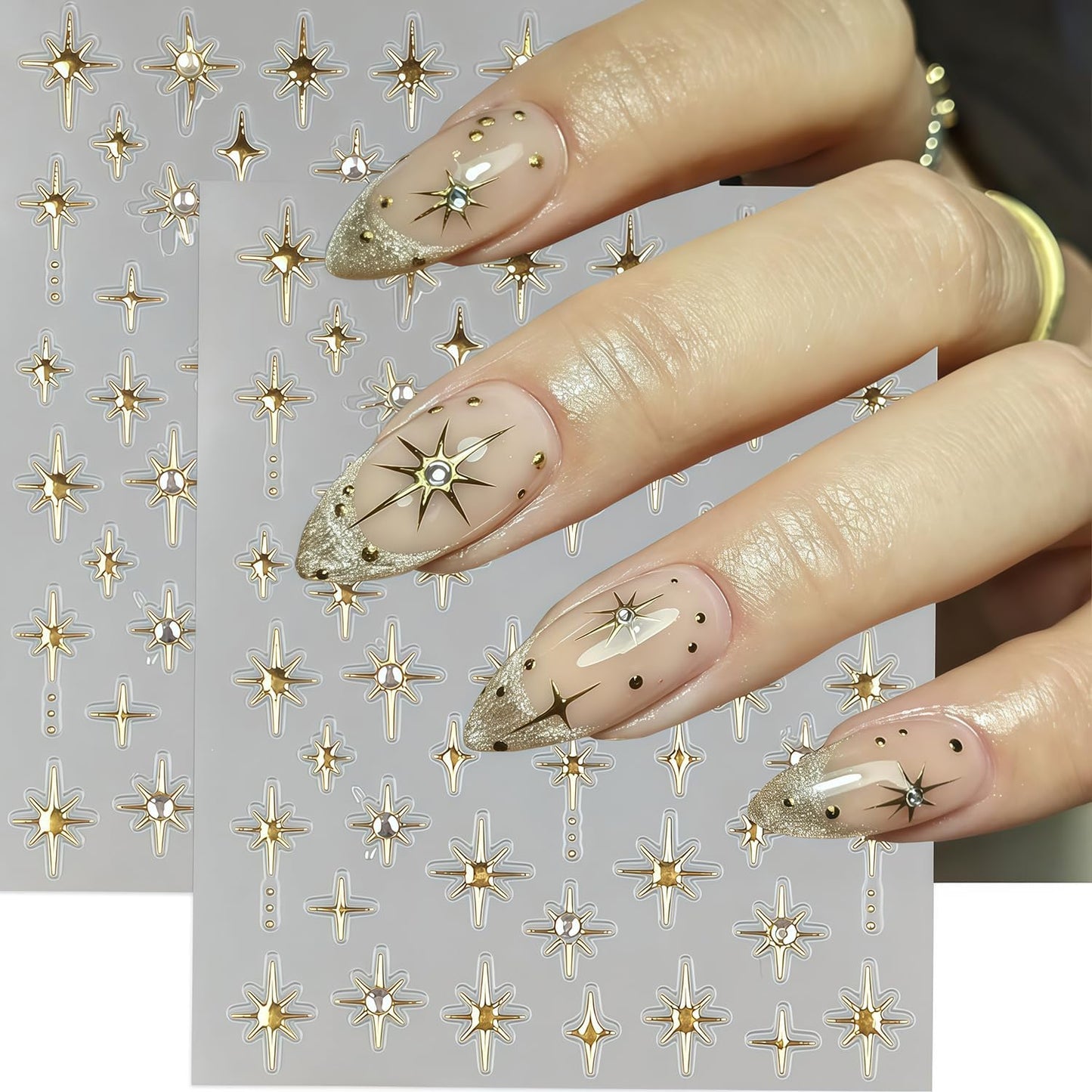 6 Sheets Star Nail Stickers for Nail Art, Shiny Crystal Diamond Stars Heart Silver Gold Self-Adhesive Nail Art Stickers Decals Design Everyday Salon Nail Art DIY Decoration Supplies for Women