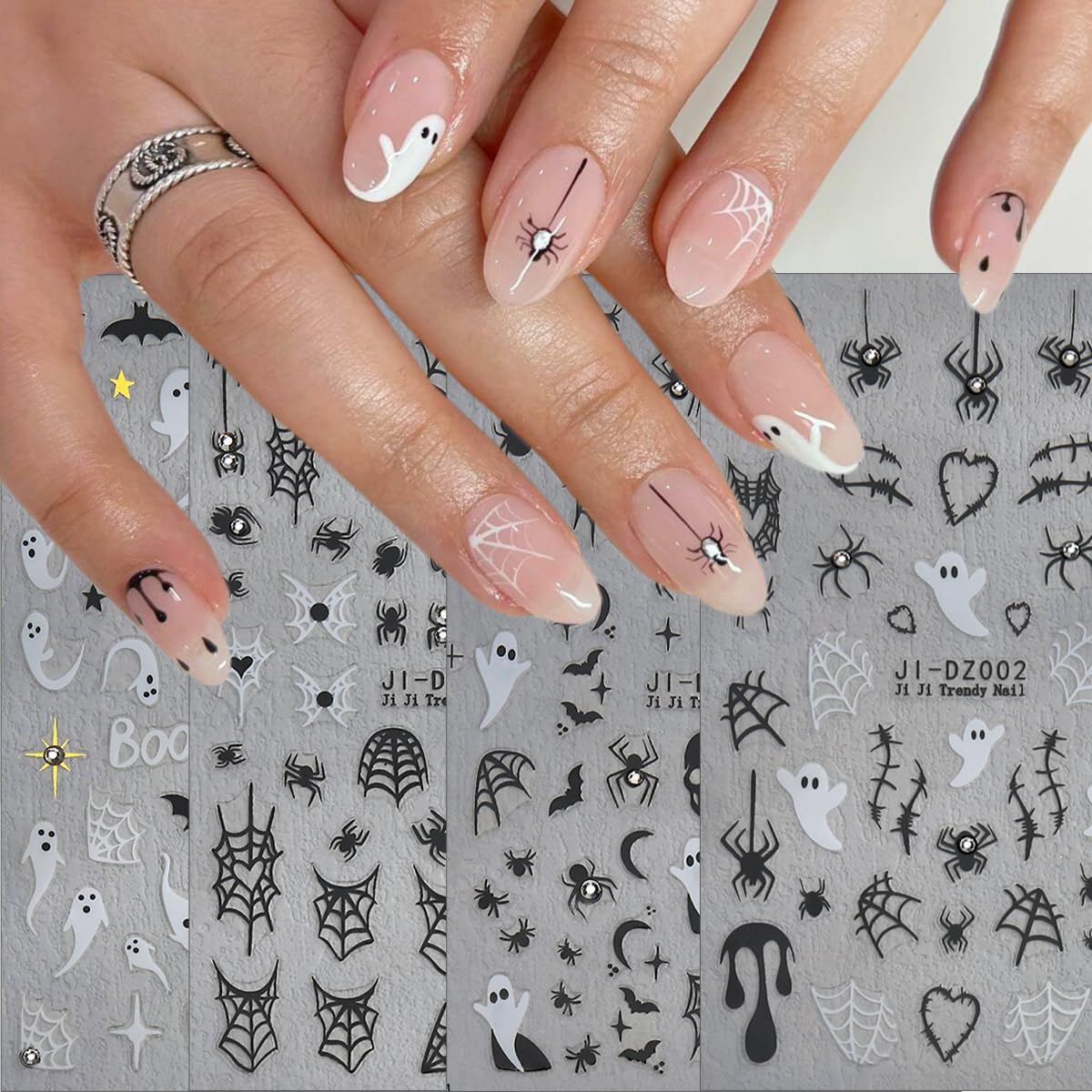 4Sheets Dark Halloween Nail Art Stickers 3D Self-Adhesive Shiny Crystal Spider Nail Decals Cute Ghost Skull Spider Web Nails Designs Stickers Halloween Nails Art Supplies for Women Holiday Nails Decor