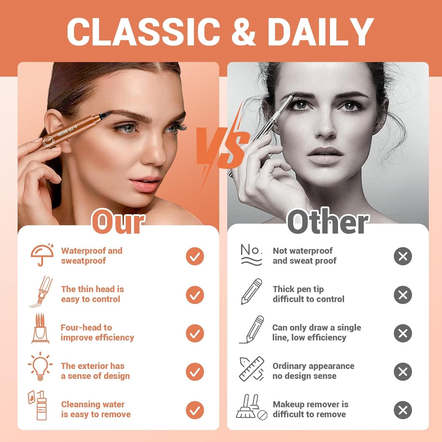 2025 New Magic Eyebrow Pencil, 4 Tipped Precise Brow Pen 3D Waterproof Microblading Contouring Pen Fine Stroke Microblading Eyebrow Pencil Creates Natural (Gray Brown)