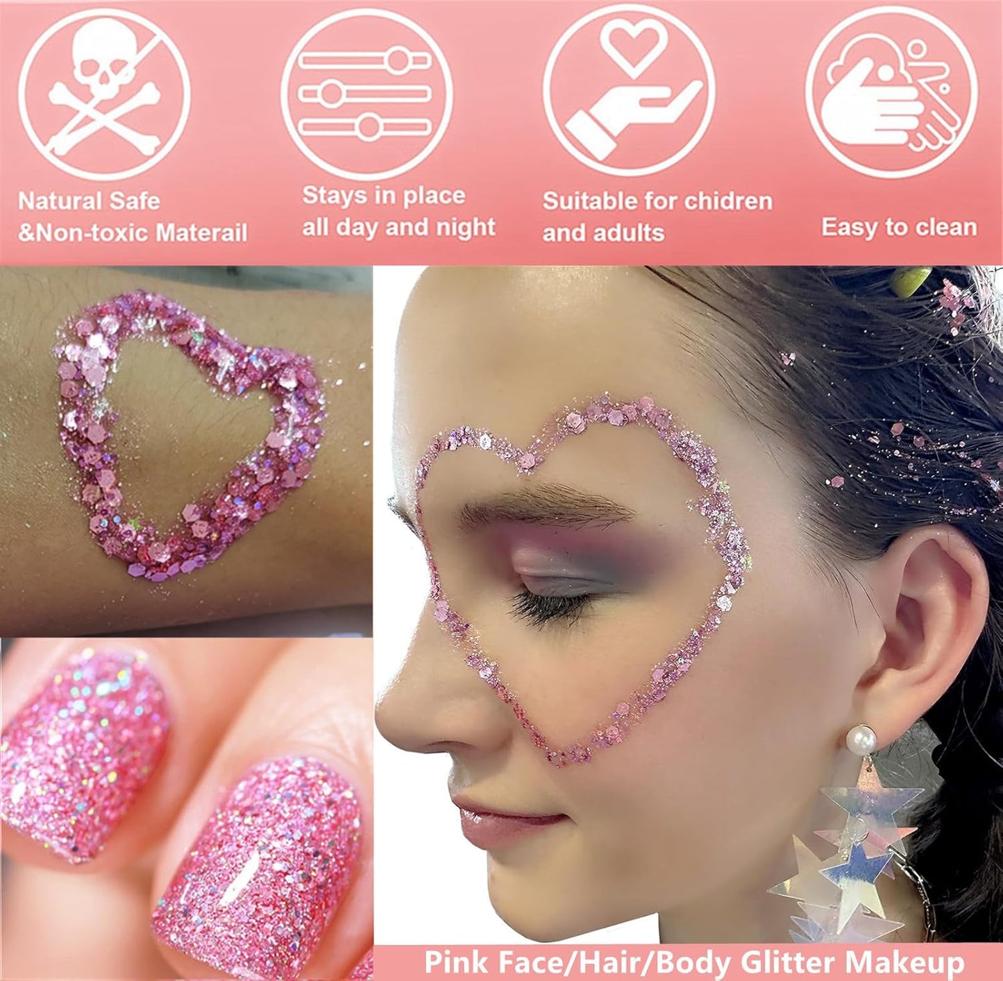 Go Ho Pink Face Body Glitter Gel,Singer Concerts Pink Face Paint Makeup Holographic Chunky Sequins Glitters for Lip/Hair/Nails,Music Disco Outfit for Woman,Festival Rave Accessories,52g