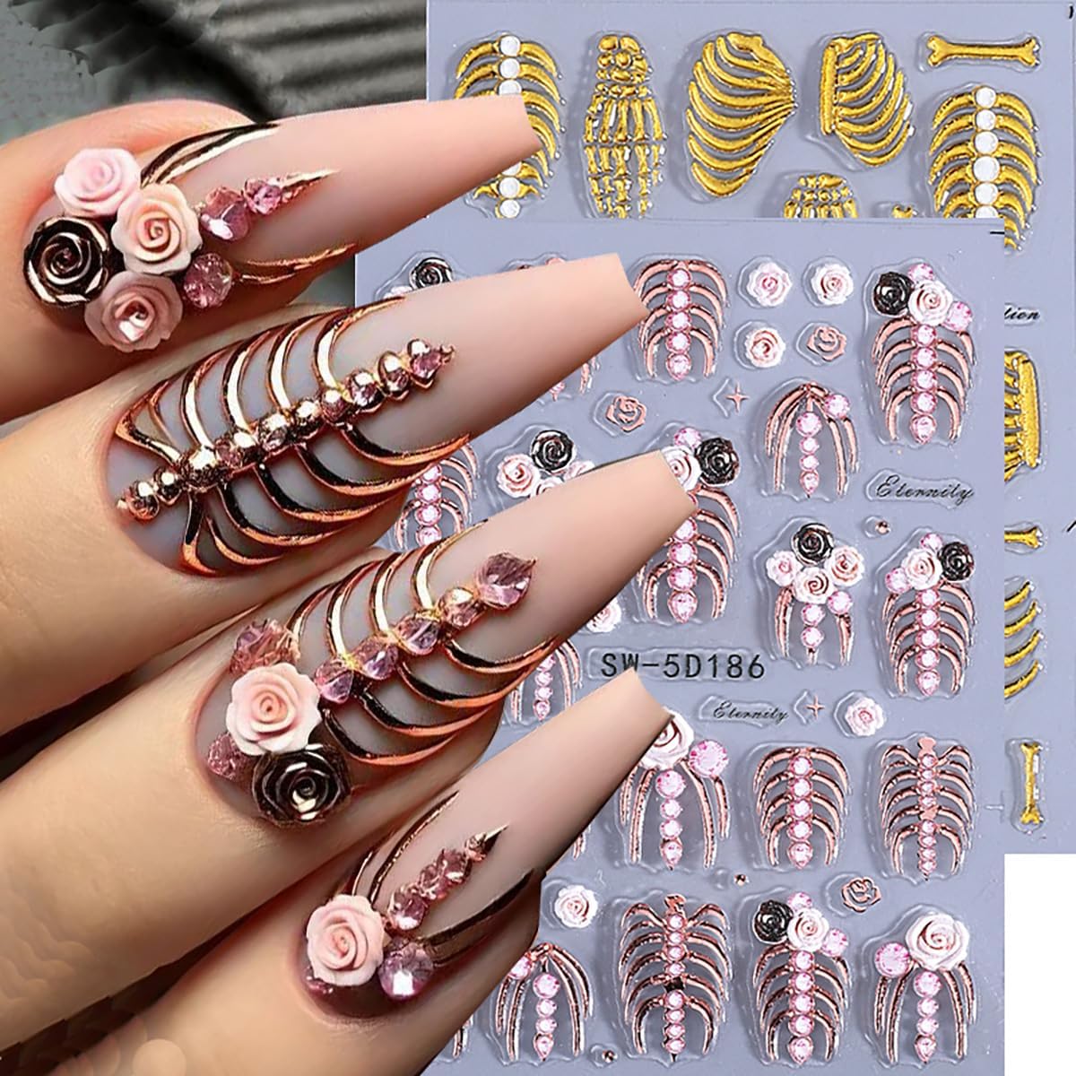 3 Sheets Halloween Nail Stickers for Nail Art 5D Embossed Skull Nail Art Stickers White Rose Gold Skull Gothic Designs Skeleton Nail Decals Halloween Horror Nail Supplies for Women Acrylic Nails DIY