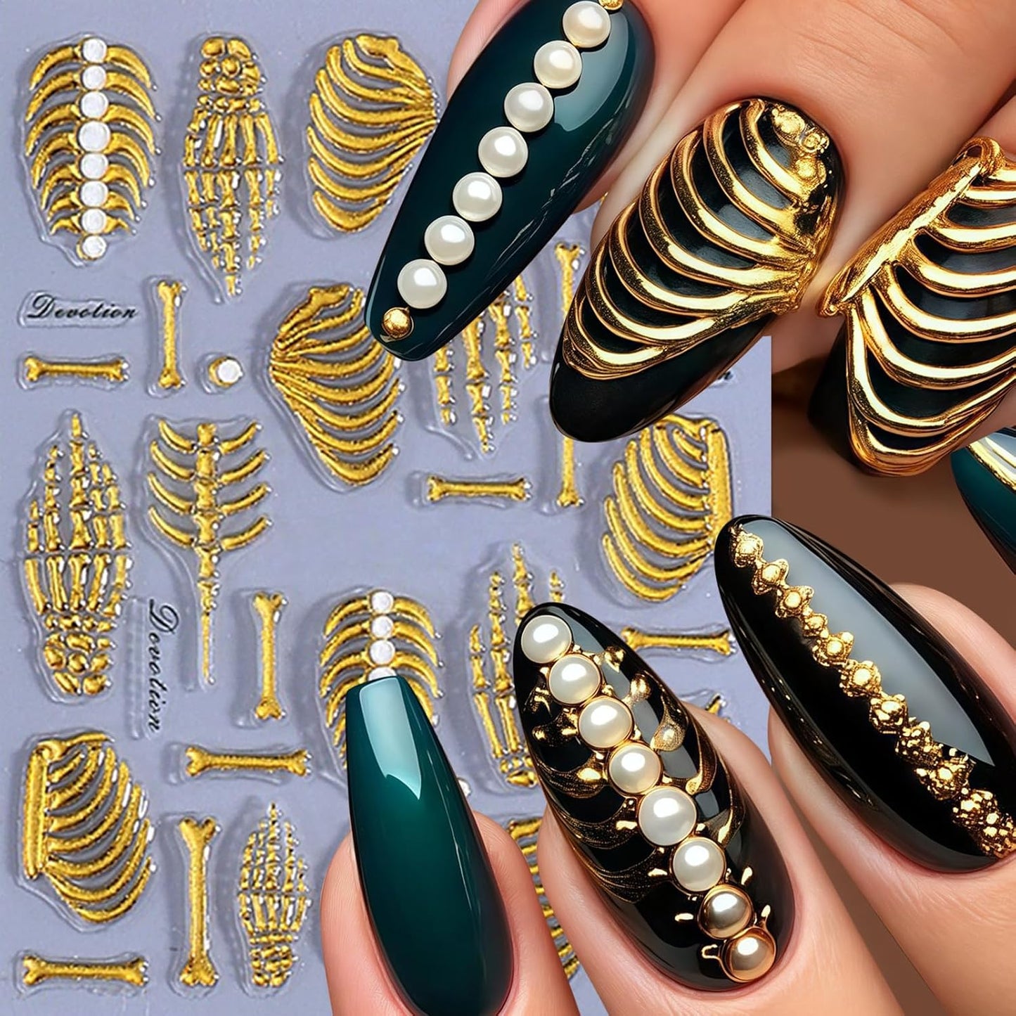 3 Sheets 5D Embossed Skull Nail Stickers for Nail Art Skeleton Nail Decals White Hand Bones Finger Skeleton Halloween Nail Art Supplies Gothic Nail Sticker for Women Halloween Nails Tips Decoration