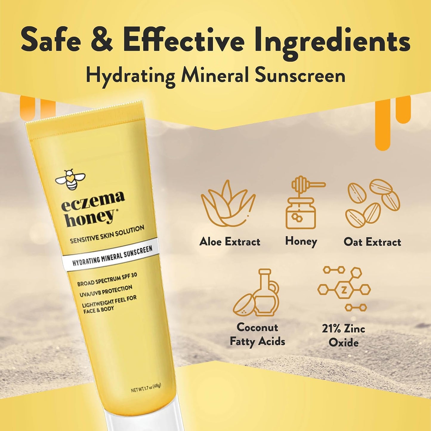 Eczema Honey Hydrating Mineral Sunscreen - Lightweight SPF 30 Sun Cream - Body & Face Sunscreen for All Ages (1.7 Oz)