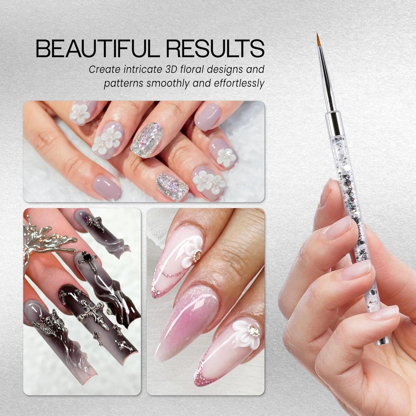 PANA 3D Kolinsky Nail Art Brush - Silver Glitter Handle, Size 2 - Acrylic Nail Art Sculpture Brush for Manicures Pedicure Salon Professional or Beginner