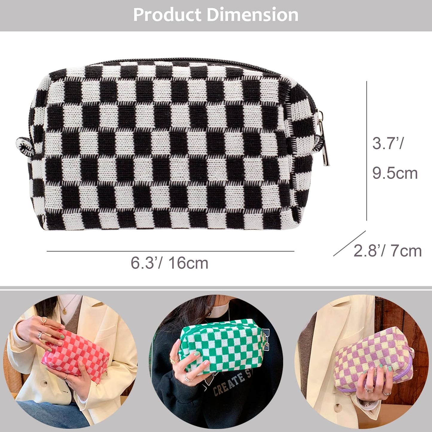 PAZIMIIK Checkered Makeup Bag for Purse Portable Zipper Make Up Pouch Small Cosmetic Case for Travel Accessories (6PCS Black)