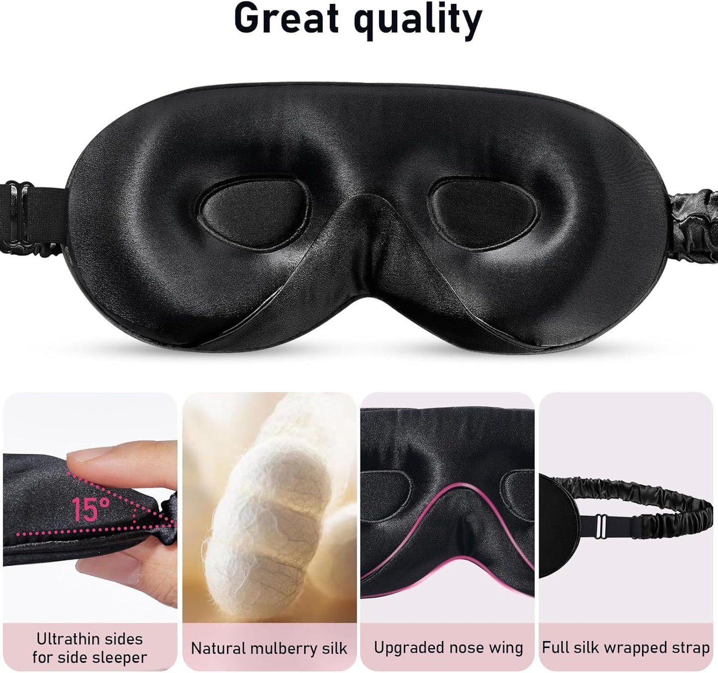 LitBear 100% 22 Momme Mulberry Silk Sleep Mask - 3D Contoured Eye Mask for Men & Women, Soft Breathable Sleeping Mask with Adjustable Strap, Perfect Blocks Light for Sleeping (Black)