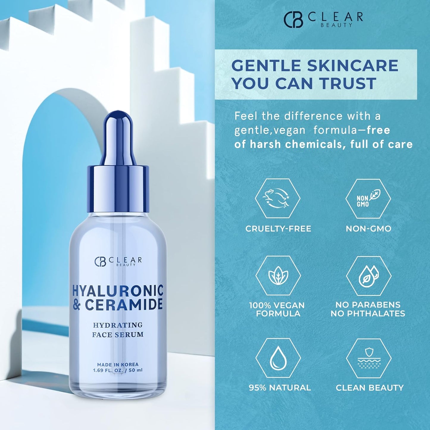 Hyaluronic & Ceramide Facial Serum - Dermatologist Tested, Anti-Aging, Korean Skin Care, Deep Hydration, Plumping & Smoothing - Vegan, Clean Beauty, Cruelty-Free, Non-GMO - 1.69 FL. Oz