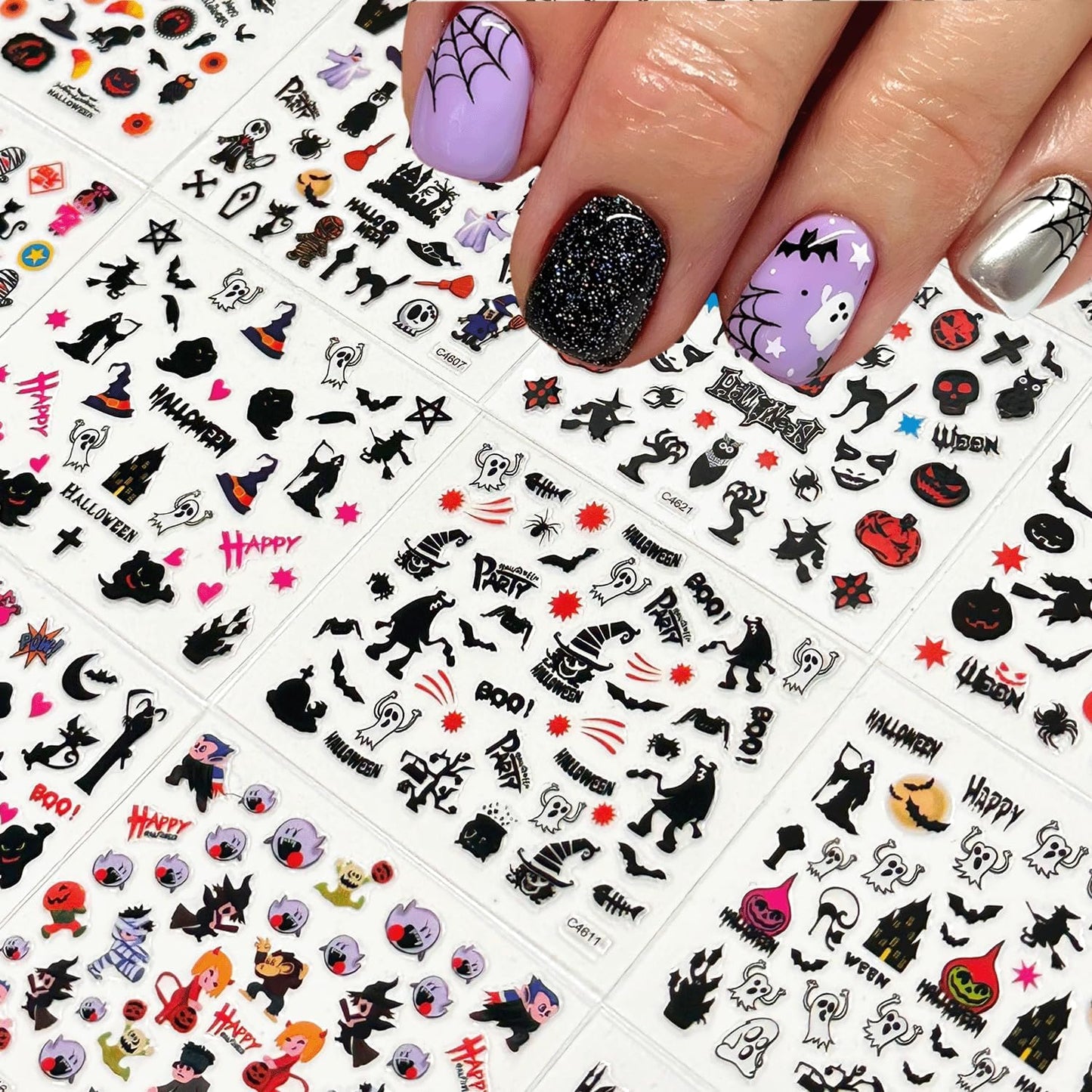 30 Sheets Halloween Nail Stickers 3D Self Adhesive Halloween Nail Decals Ghost Spider Nail Art Stickers Pumpkin Bat Nail Design Nail Art Supplies for Acrylic Nails Decorations for Women