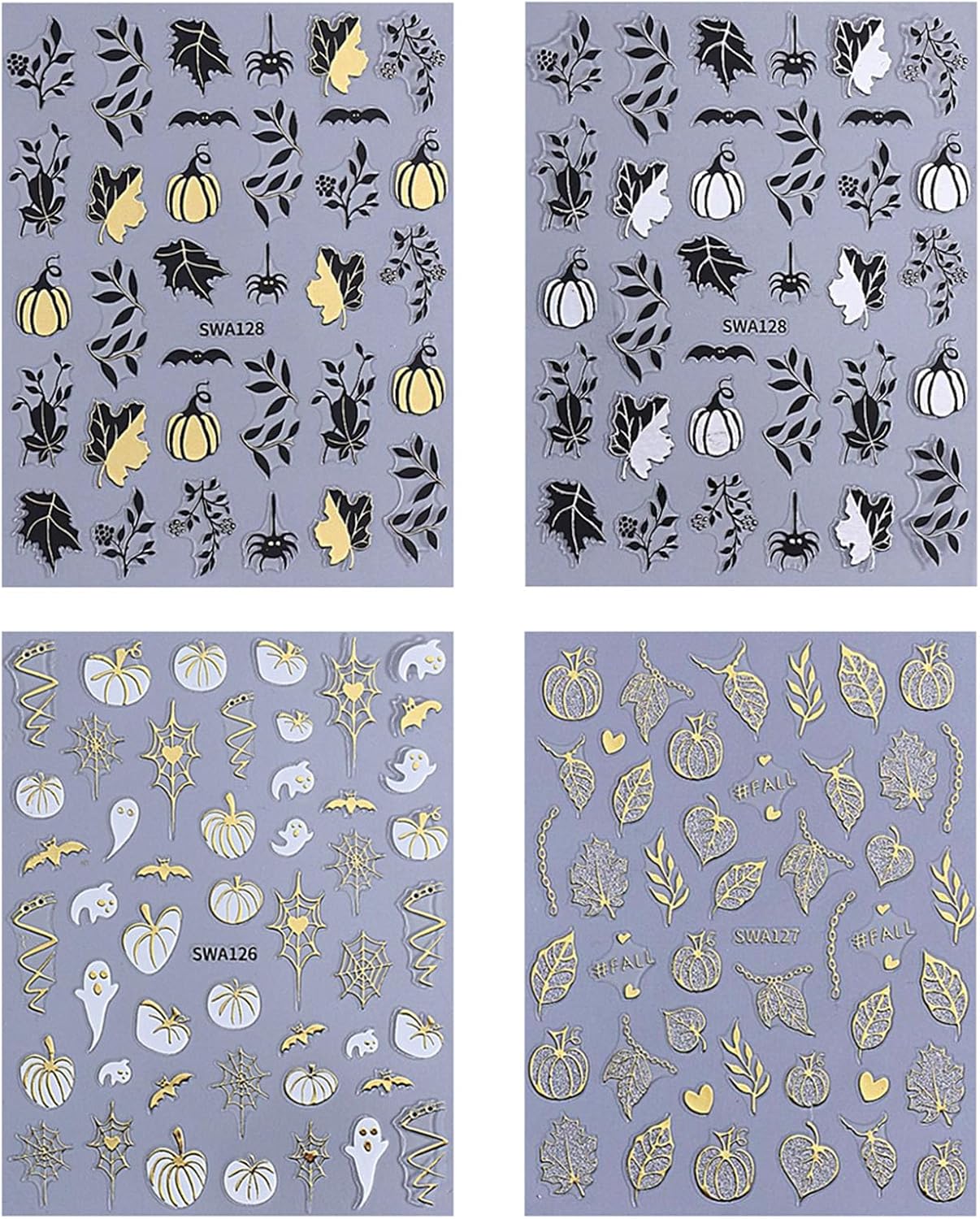 4 Sheets Halloween Nail Stickers Gold Silver Black Nail Art Stickers Pumpkin Maple Leaves Self Adhesive Nail Decals Spider Web Bat Ghost Leaves Design Nail Art Sticker Decoration for Women Girls